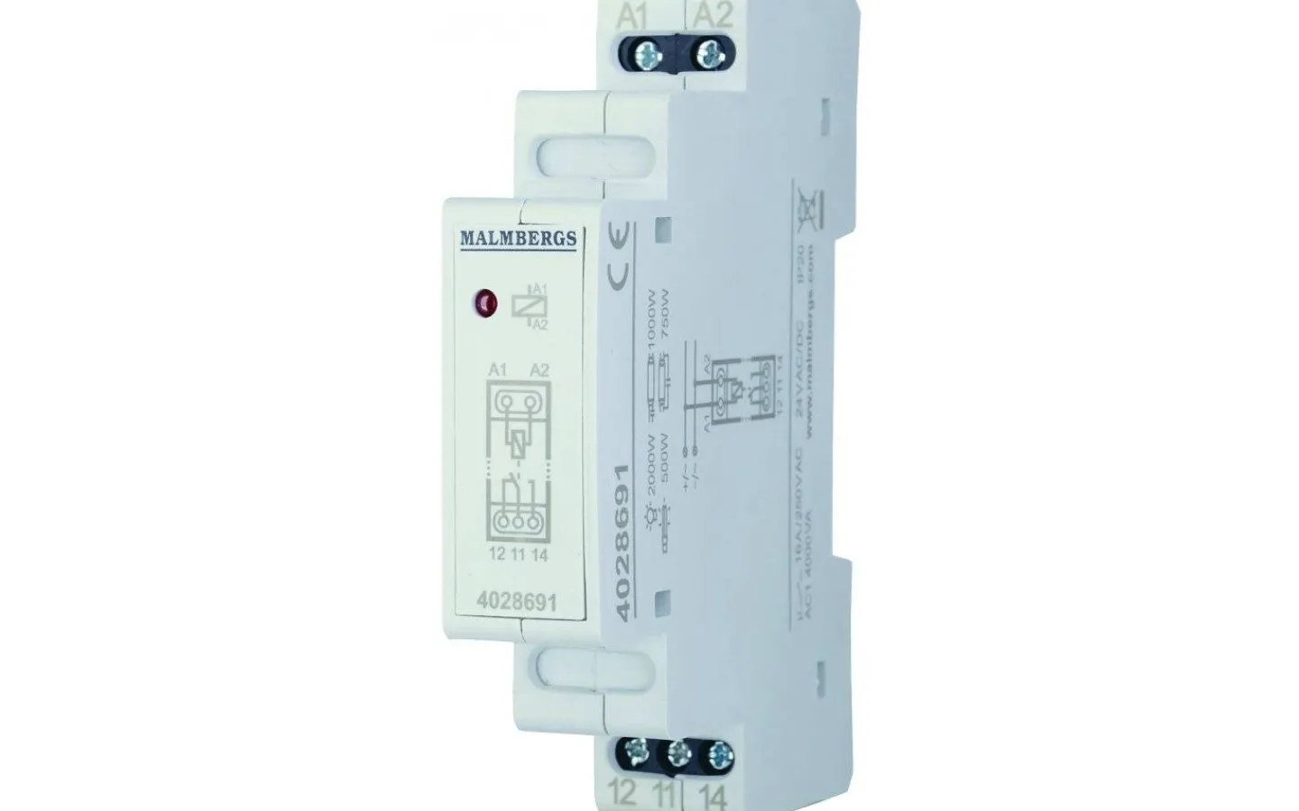 Malmbergs Arbetsströmrelä, 16A, 1sl/br, 24V AC/DC* Reläer