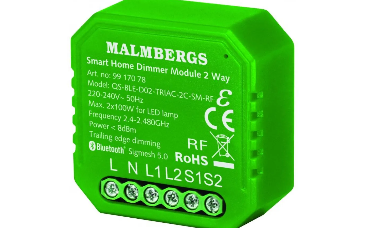 Malmbergs Bluetooth Smart Dosdimmer, 2-kanal/ kron, inklusive RF-stöd, 2x100W LED* Malmbergs Smart Home