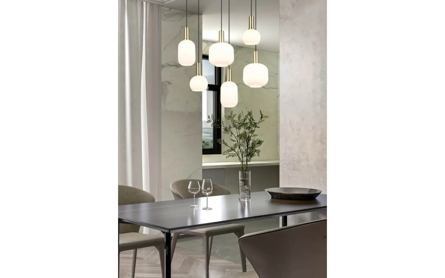 Trio Lighting Diva Takpendel 6-delad E27 matt mässing/vit* Avlånga Taklampor