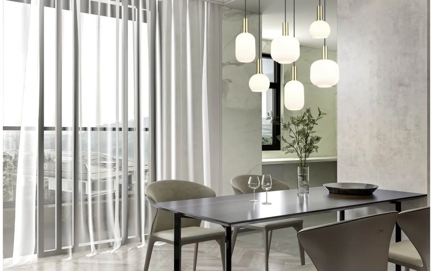 Trio Lighting Diva Takpendel 6-delad E27 matt mässing/vit* Avlånga Taklampor