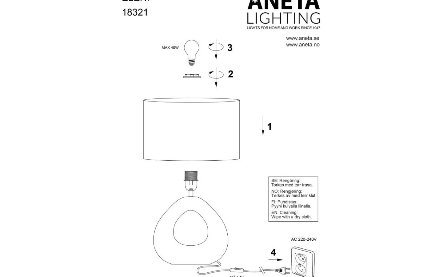 Aneta Eleni Bordslampa 35cm Naturvit* Bordslampor