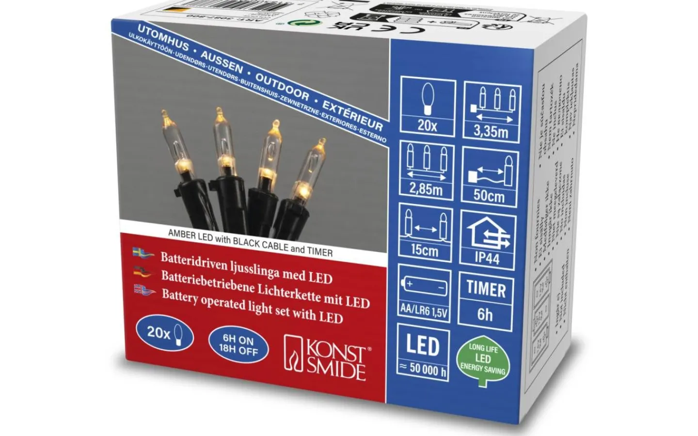 Konstsmide Frostklar Batteridriven Ljusslinga 2,85m 20L Amber LED IP44* Batterislingor