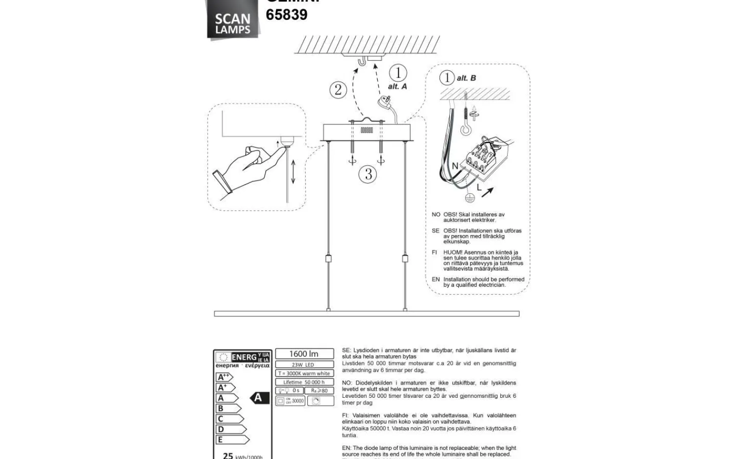 Aneta Gemini Taklampa 91cm LED 23W 3000K Bladguld* Avlånga Taklampor