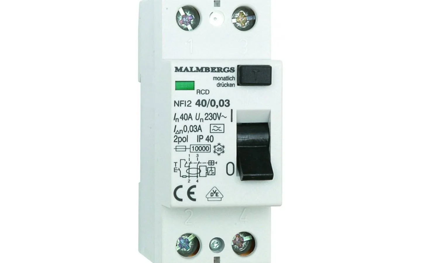 Normkomponenter<Malmbergs Jordfelsbrytare, A-typ, 40A, 2-polig, 30mA