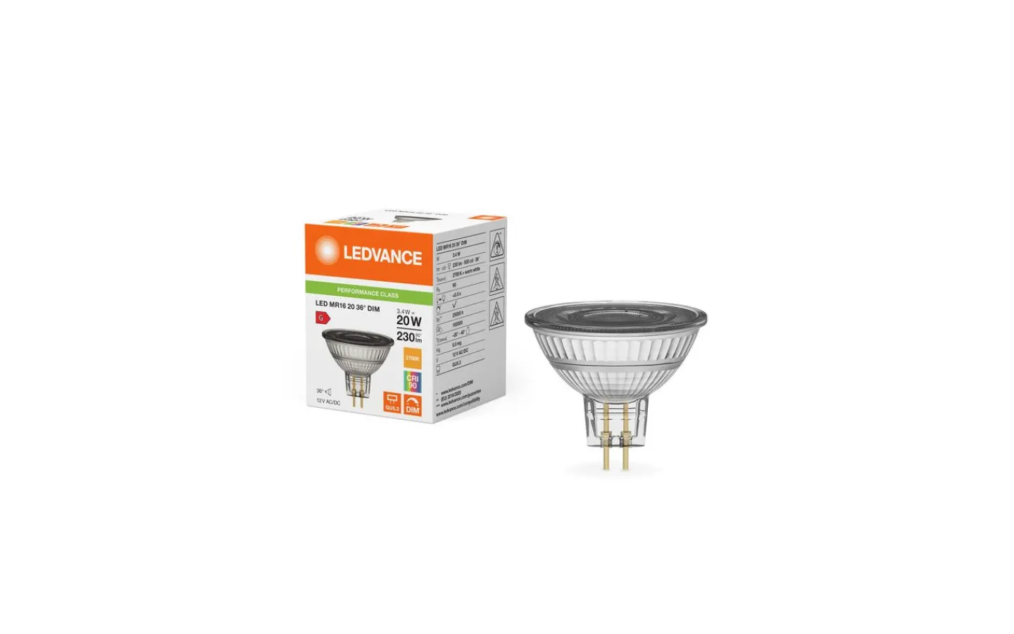 12V Gu5,3 (Mr16)<Ledvance LED GU5,3 MR16 12V 2700K 230lm 3,4W(20W) Performance Class