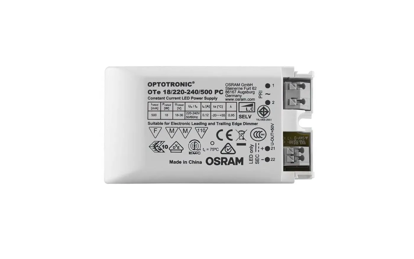 LED-driver Konstantström 500mA 9-18W Dimbar