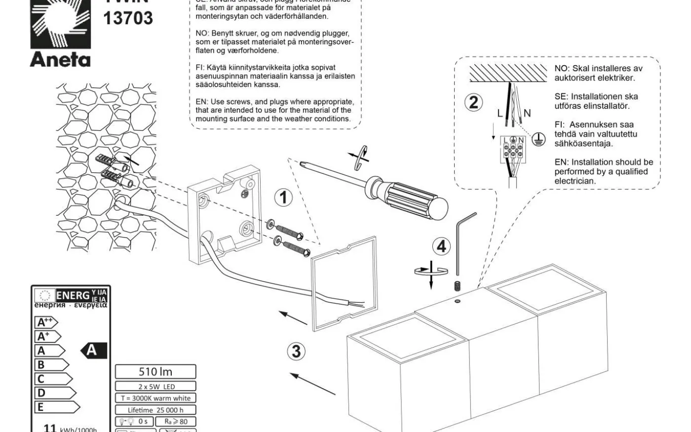 Twin Vägglampa LED 2x5W 3000K Vit IP54