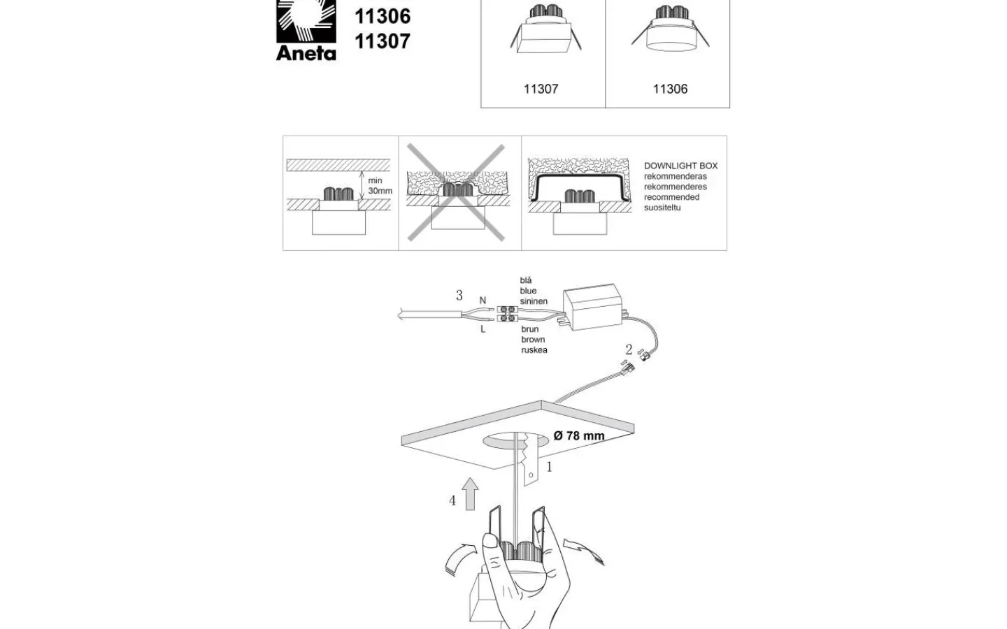 Aneta Vetro Infälld Spotlight 9x9cm LED 3W 3000K Klar/Frost IP44* 230V Led Spotlights|Infällda Spotlights Badrum